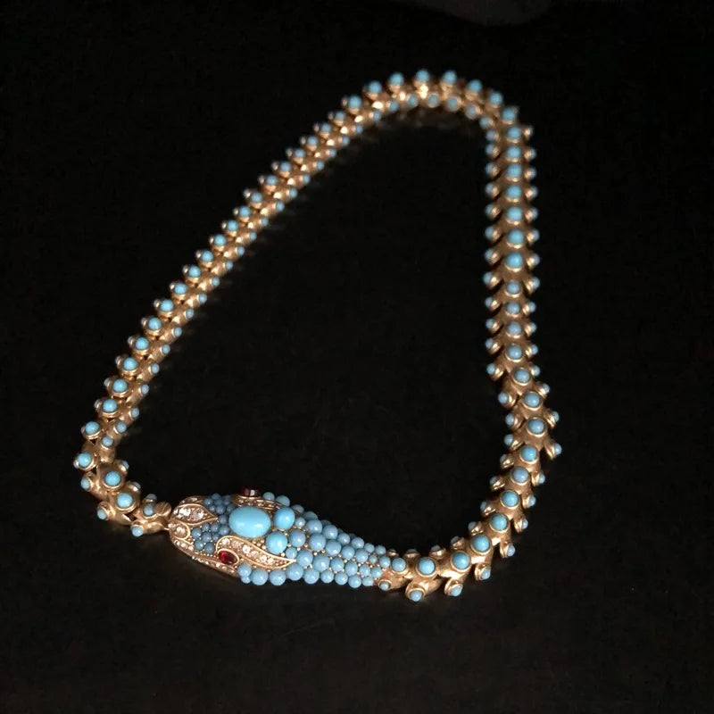 KEQIU Recycled aged gold snake-shaped necklace stud earring ancient-style , turquoise inlaid heavy industry jewelry