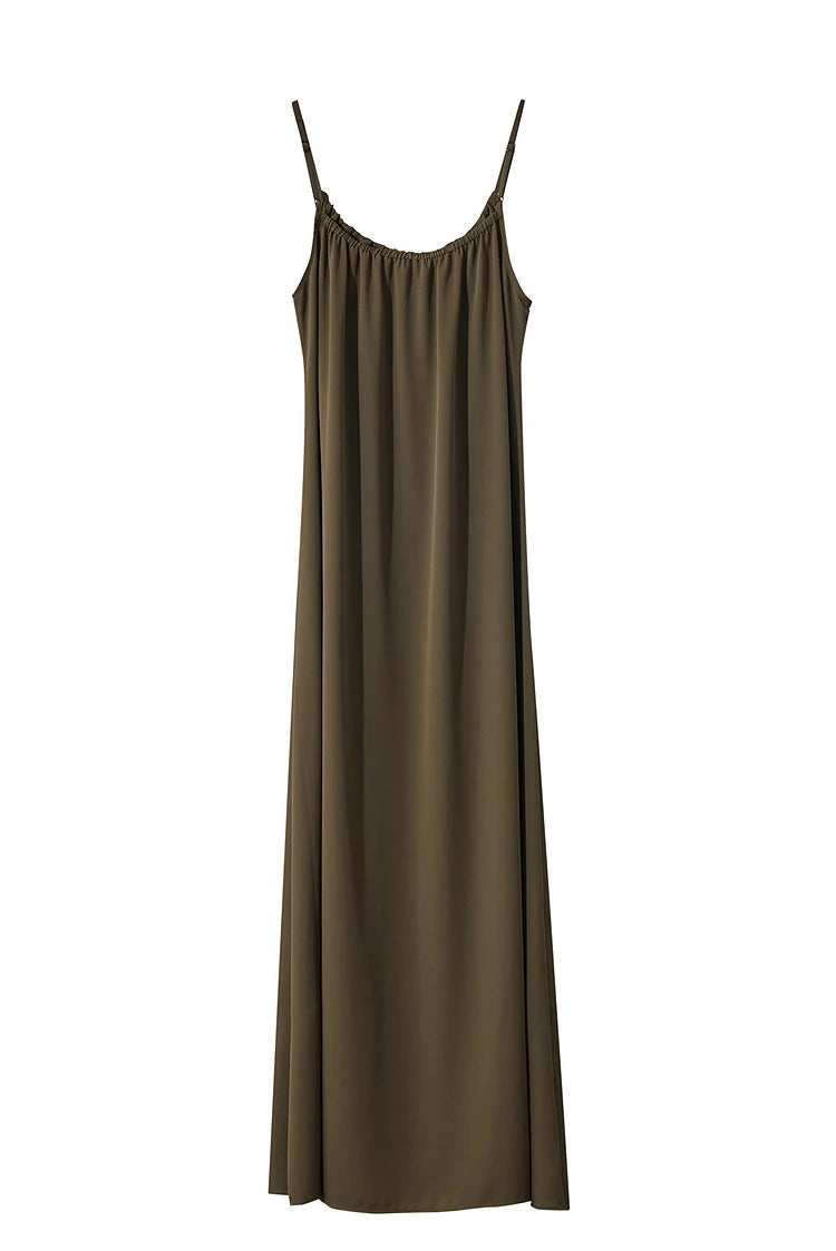 AMII Minimalist Office Lady Dress Women 2025 Summer Female Sleeveless U-neck Solid Adjustable Shoulder Strap Dresses 12542192