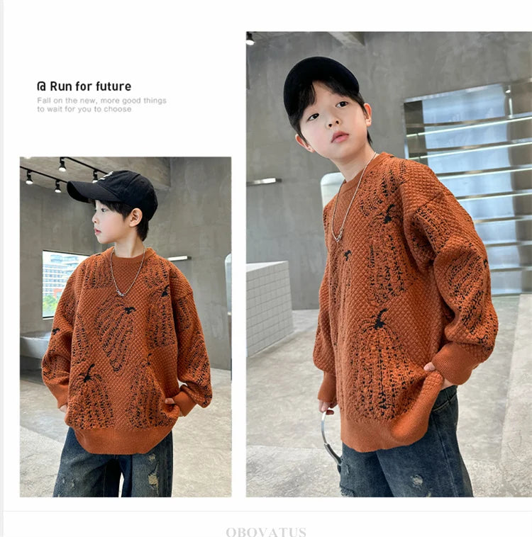 Children Halloween Pumpkin Sweater For Boys Fancy Knitted Outfit Clothing Kids Elegant Pullover Knitwear For Teenagers Age 5-14T