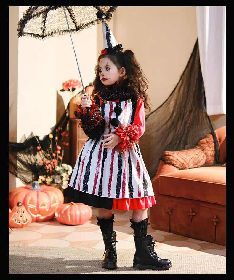 Halloween Cosplay Costumes Horror Clown Dresses Pants Headwear Clothes Sets Carnival Theme Party Role Playing Outfits for Girls