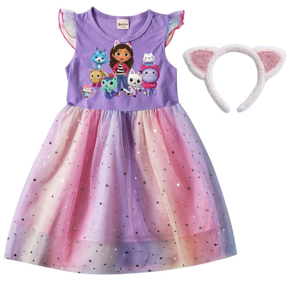 2024 Girls Summer Dresses Gabbys Dollhouse Girls Cat Tastic Costumes Kawaii Kids Birthday Party Princess Dress with Headwear Bag