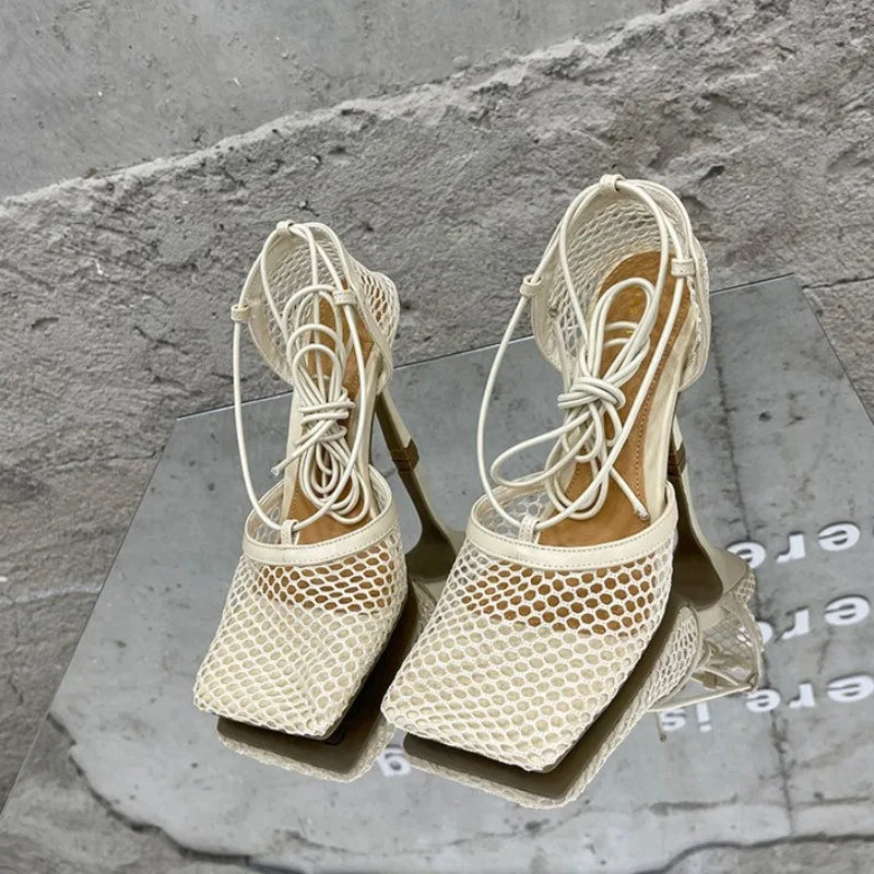 New Women's Shoes Fashion Air Mesh High Heeled Sandals for Woman Exquisite Square Head Casual Shoes Designer Shoes Zapatos Mujer