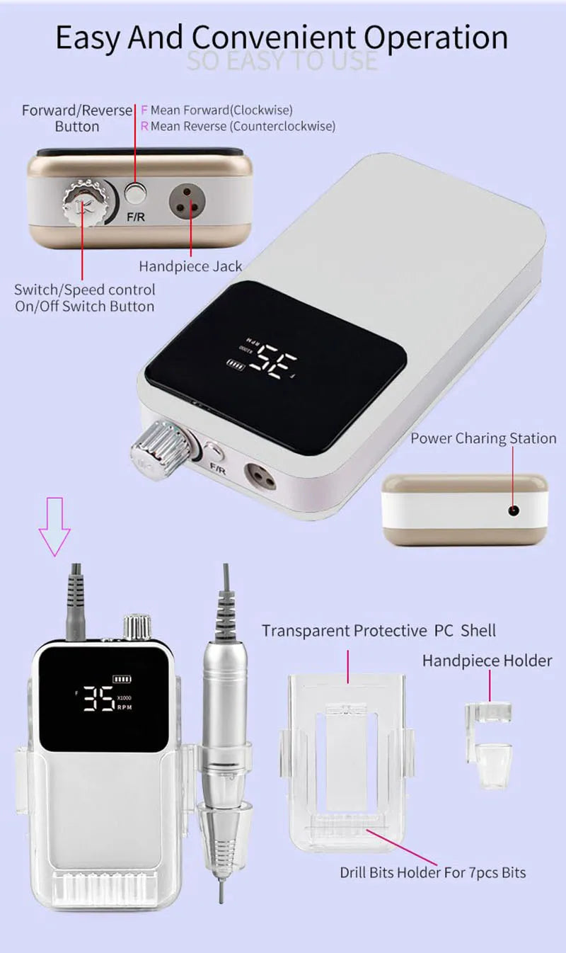 Nail Drill Machines Taladro de unas Cordless Rechargeable Electric 2 IN 1 Nail Polisher with Desktop Base &6 Nail Drill Bits
