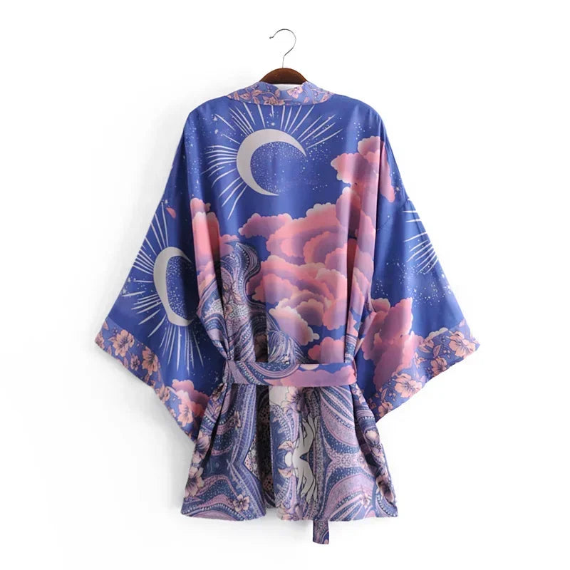 Happie Queens Vintage Star and Moon Floral Print Sashes Women Bohemian V Neck Batwing Sleeves Happie Short Robe Kimono