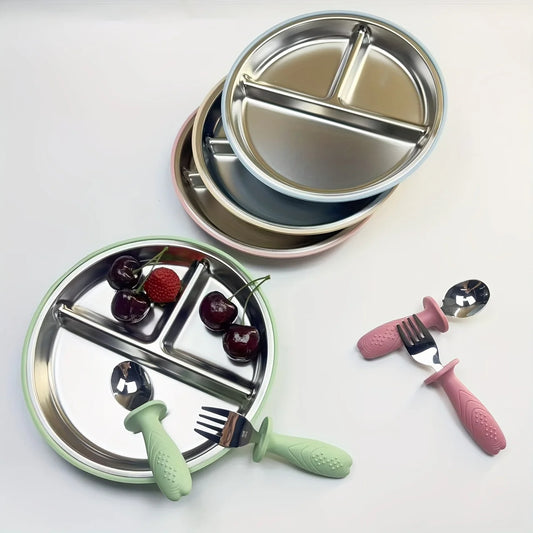 3-pack stainless steel cutlery tray, baby feeding tray, removable suction cup, BPA-free silicone baby training spoon