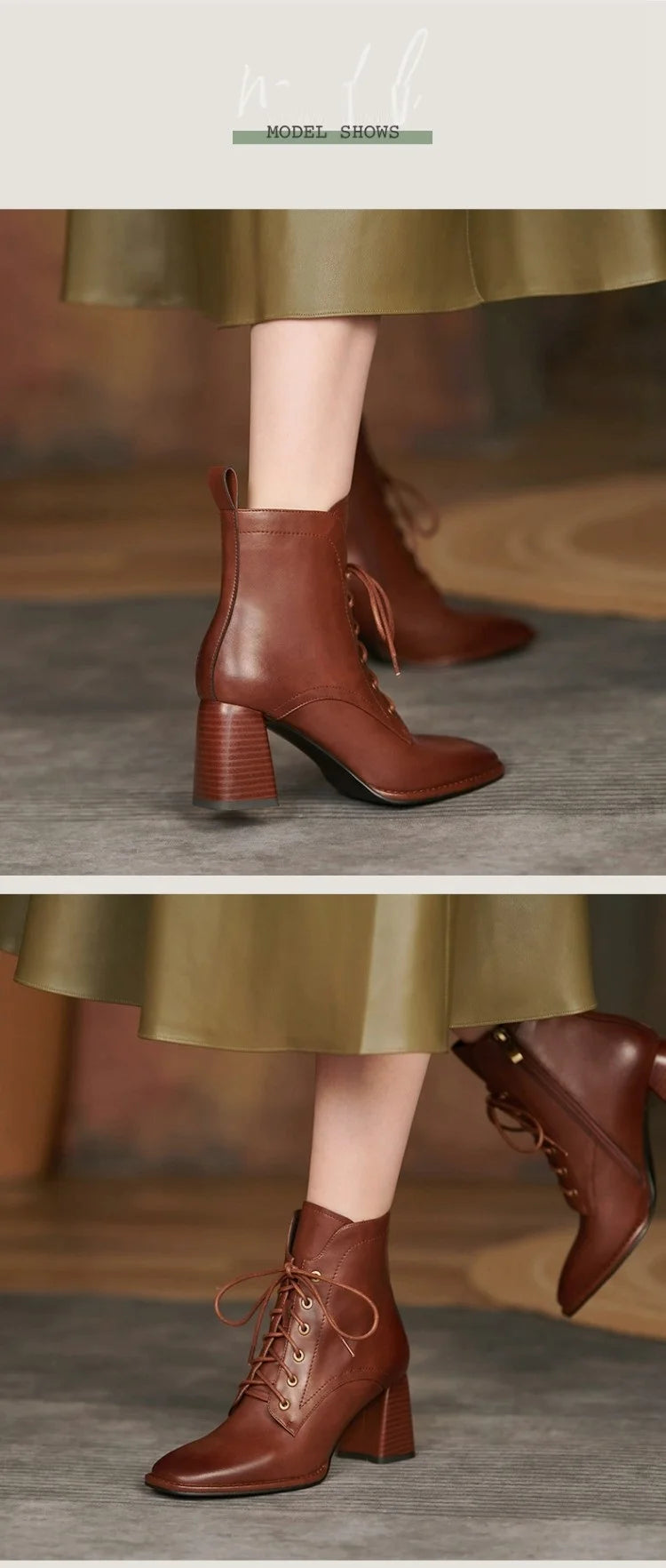 New Autumn/Winter Women Boots Cow Leather Fashion Women Shoes Square Toe High Heel Shoes for Women Lace Up Modern Short Boots