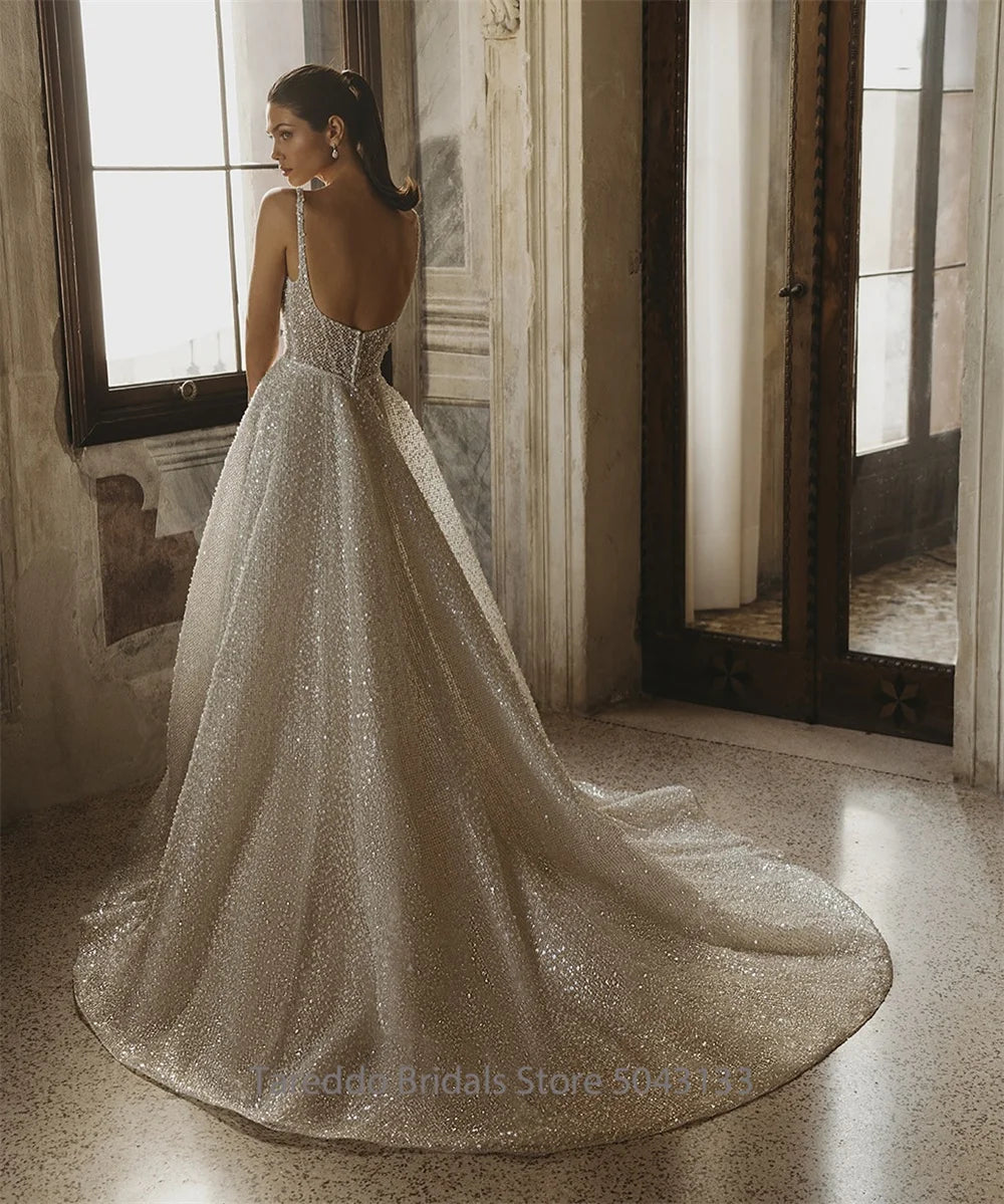 Customized Glitter Bling Bling Wedding Dress Spaghetti Straps Sequins Bridal Gown Sexy Sparkling Party Dress