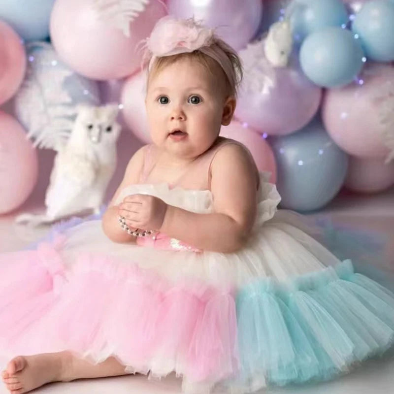 Bow Tulle Baby Baptism Dress For Girls Princess Costume Infant 1 Year Birthday Wedding Party Dresses Toddler Girl Summer Clothes