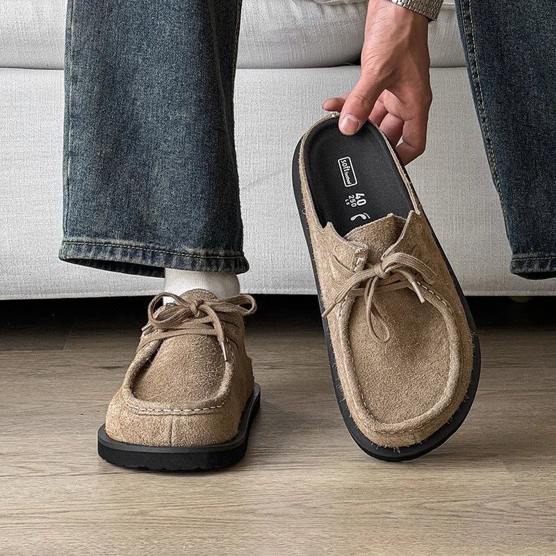 2025 Retro bag head lace-up leather one-pedal summer half slippers men and women couple cowhide shoes