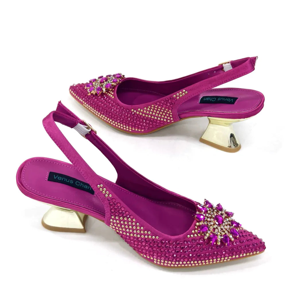 2024 New Designer Specials Italian Women Heels Shoes and Bag Set Royal Purple Color Comfortable With Rhinestone for Party