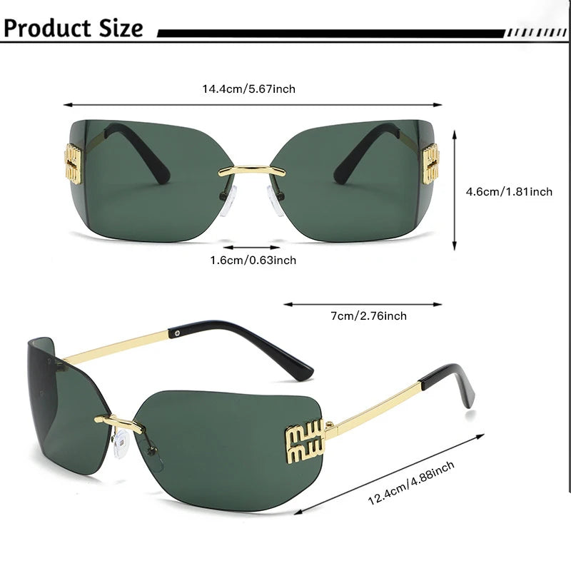Women Brand Designer Rivets Rectangle Gradient Curved Shades Classic Sun Glasses Female Funky Metal Luxury Rimless Sunglasses
