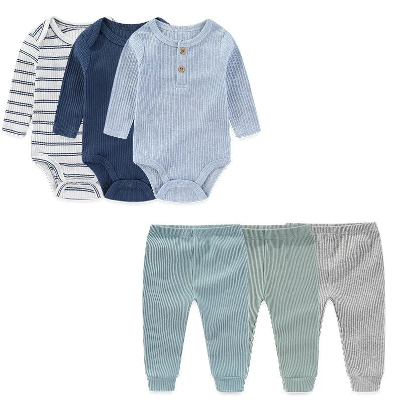 6 Pcs Cotton Bodysuits+Pants Long Sleeve Newborn Baby Girl Clothes Sets Spring Print Baby Boy Clothes Solid Color 0-12M Autumn