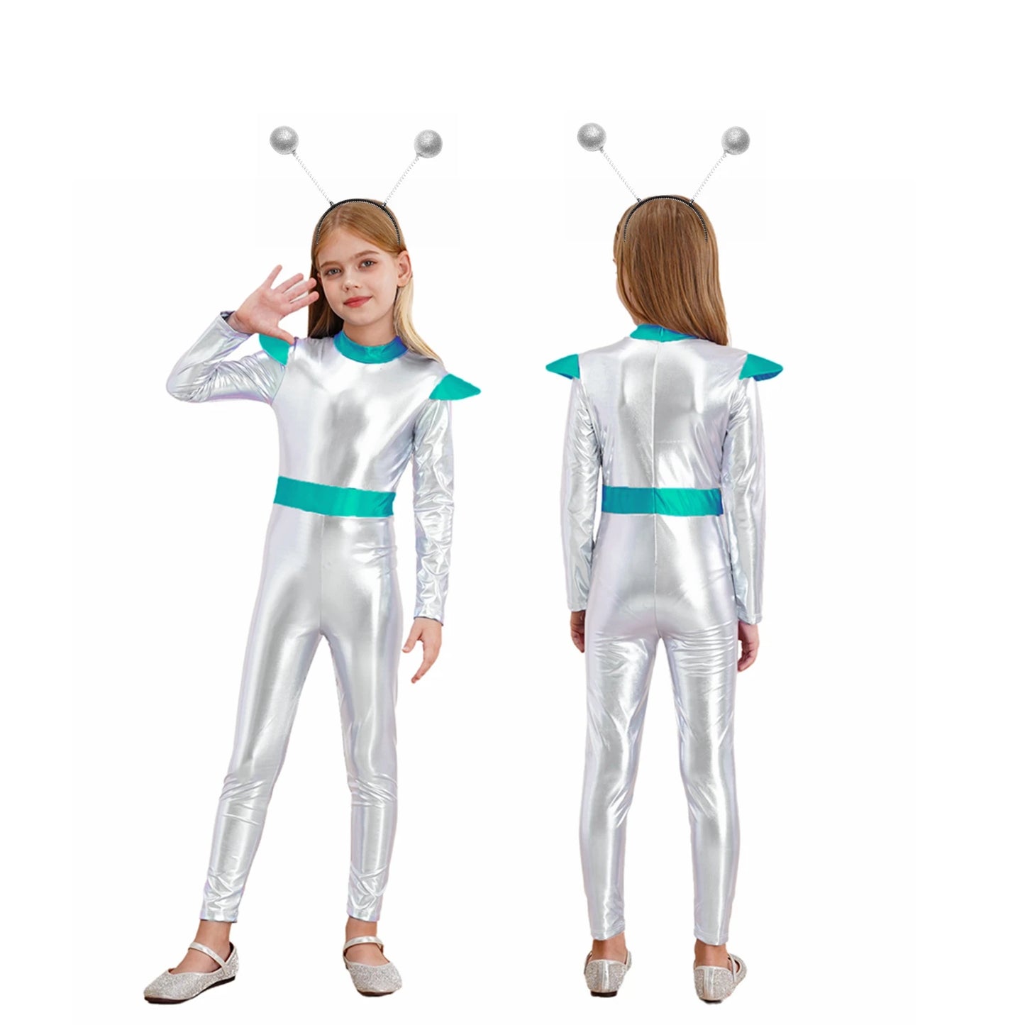 Kids Boys Girls Halloween Carnival Alien Cosplay Performance Costume Long Sleeve Metallic Shiny Space Jumpsuit with Hair Hoop