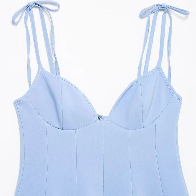 HXAO Bow Short Dresses for Women Blue Thin Straps Backless Sleeveless Women's Dresses Casual Sexy Lady Dress Elegant Party Dress