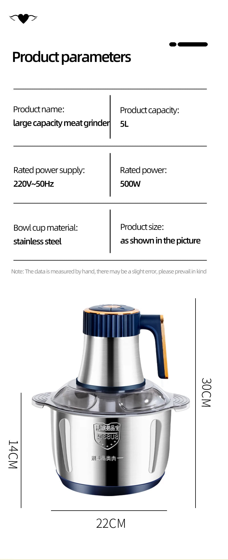 5L Home Electric Stainless Steel Meat Grinder 500W Powerful Vegetable Fruit Food Processor Chopper Slicer Food Grinder