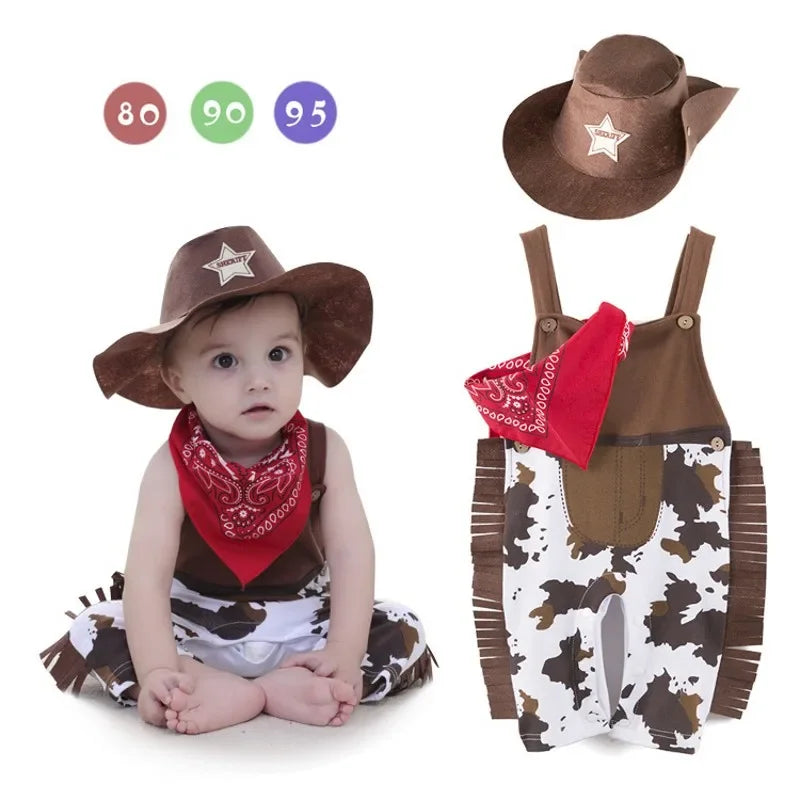 Baby Boys Western Cowboy Romper Sets with Scarf and Hat Toddler Carnival Fancy Dress Cosplay Party Costume Infant Outfitts