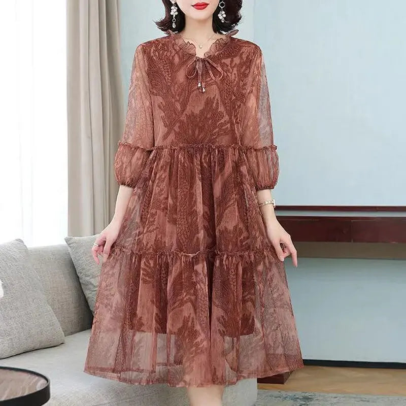 Summer New Casual Half Sleeve Midi Dress Vintage Printed Women's Clothing Ruffles Spliced Stylish Drawstring Loose Gauze Dresses
