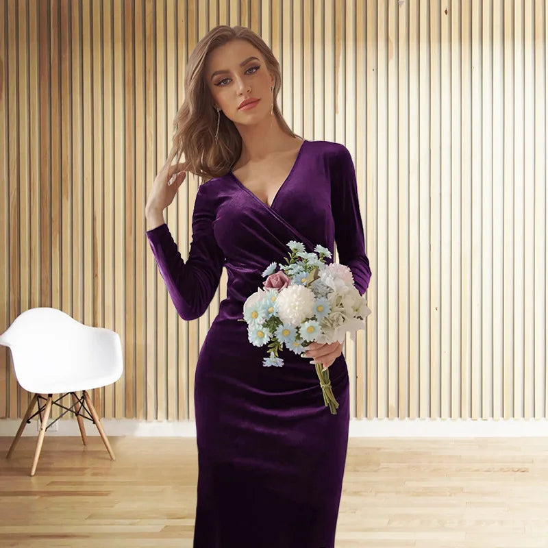 Lady Dress New Year Christmas Elegant vintage velvet autumn Winter V-neck long sleeve stretch waist length dress Party Dress