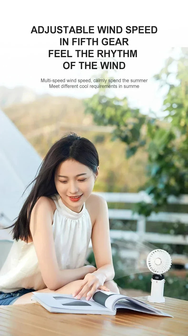 5-Speed Portable Handheld Mini Fan Foldable Neck Hanging Fans USB Rechargeable Fan with Phone Stand and Display Screen fan