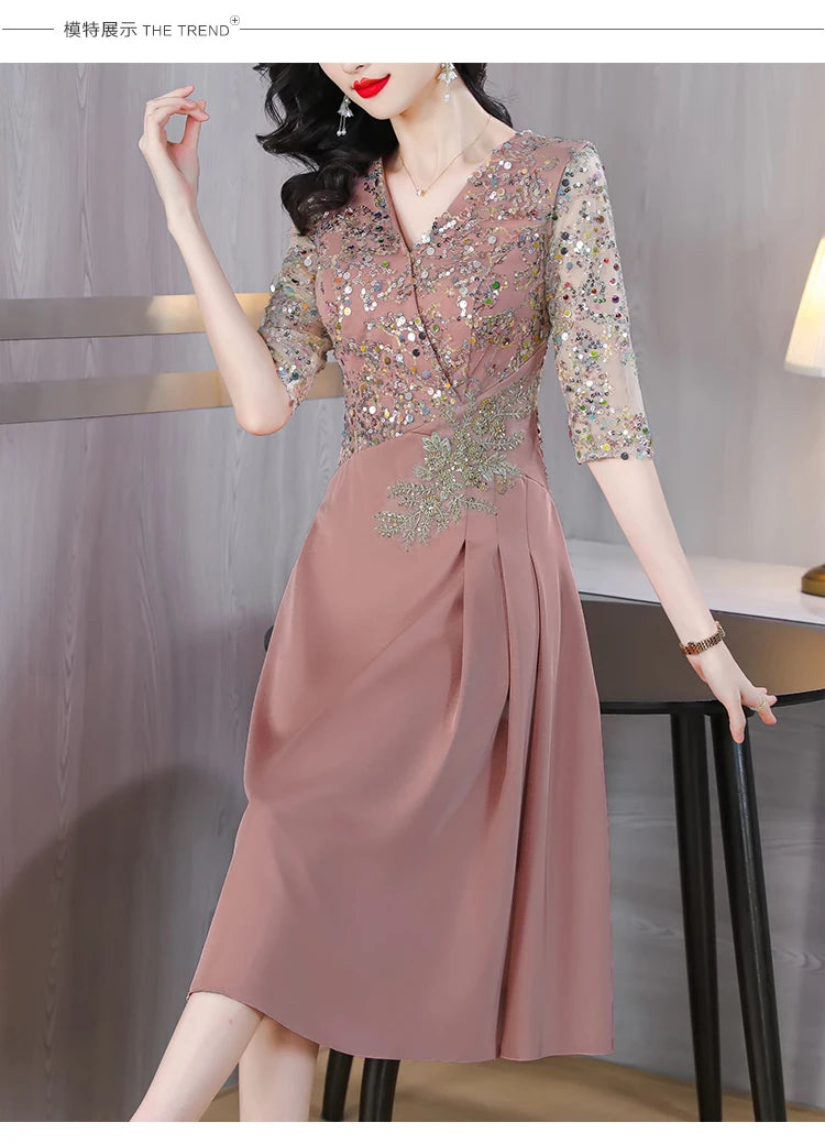 Summer New Sequins Luxury Chic Evening Wedding Dress 2024 Women's Elegant Bodycon Midi Dress Satin Vintage Casual Party Vestidos