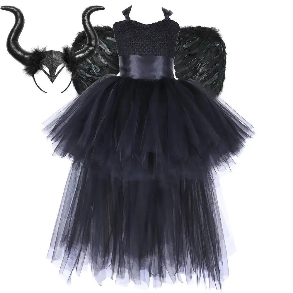 Dark Witch Halloween Costumes for Girls Black Devil Angel Fancy Trailing Dress with Feather Wings Bat Horns Kids High Low Outfit