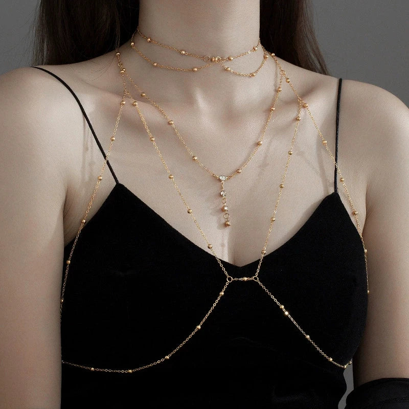 Sexy Rhinestone Round Beads Waist Chain Beach Bra Bikini Chest Chain Zircon Tassel Women Body Chain Jewelry Accessories