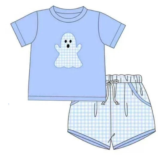 Halloween New Cartoon Print Girls' Pink Short-Sleeve Top and Purple Plaid Shorts Boys' Blue Series Boutique Set and Romper