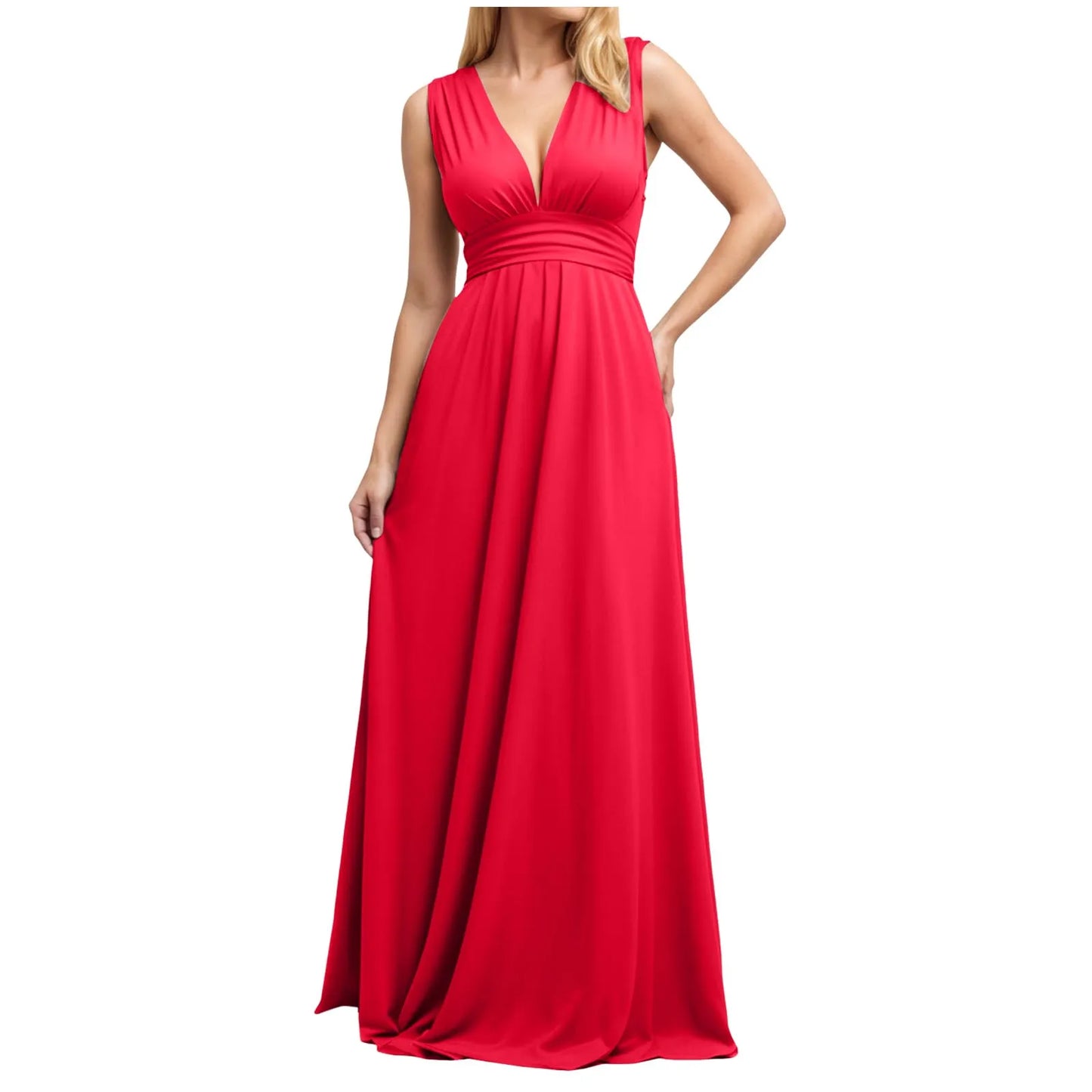 Multiple-Way Women Maxi Dress For Wedding Deep V-Neck Sexy High Waist Evening Party Dress Flowy Ruched A-Line Cocktail Dress