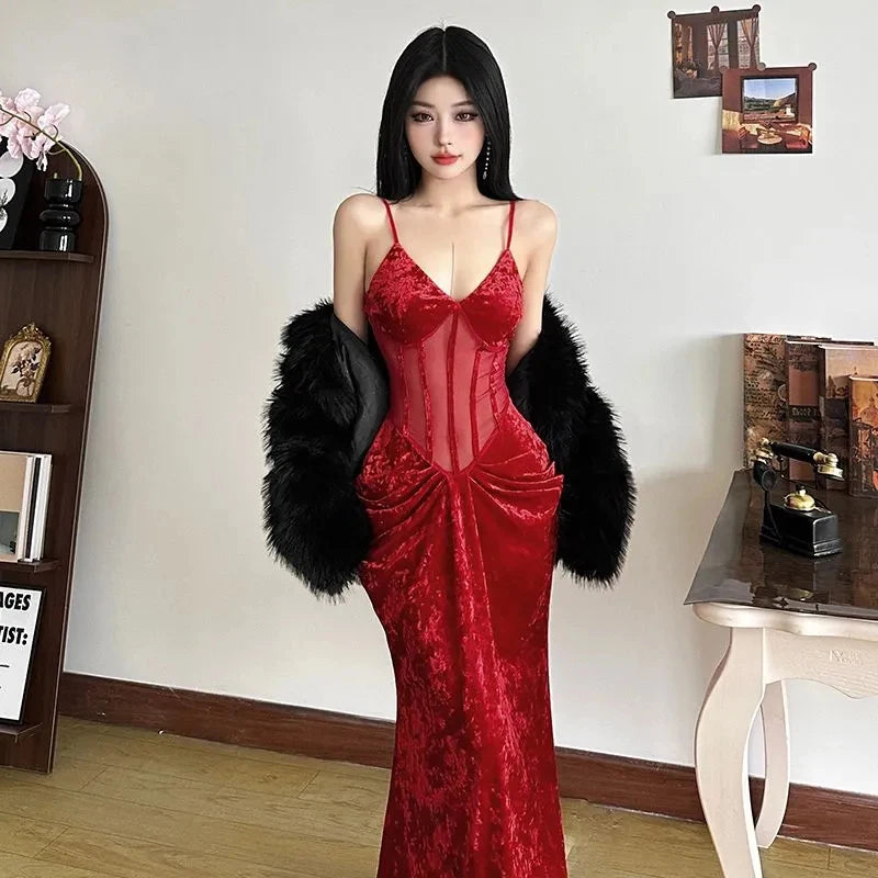 Fashion Velvet Women Camis Dress Y2K Sexy Slim Spaghetti Straps All Match Midi Dress Korean Chic Pleats Party Club Long Dress