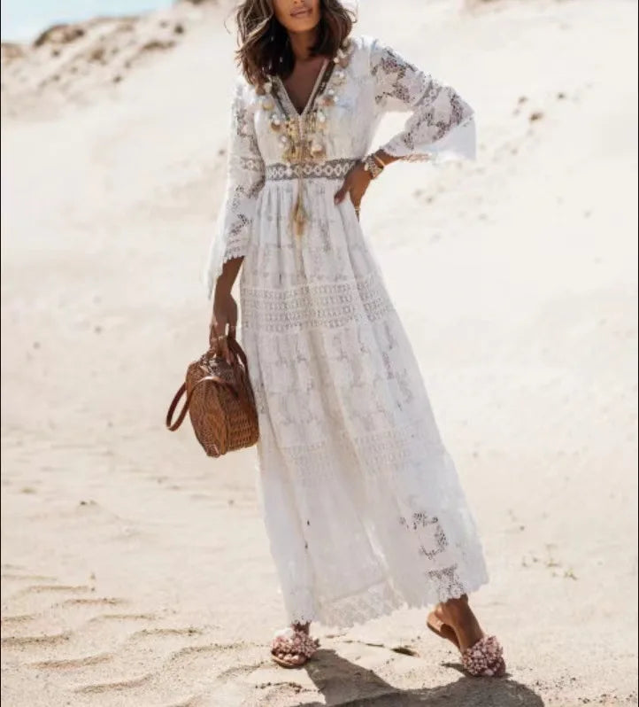 Summer Women Long Party Dress Vintage Long Sleeve Floor Length Sexy Backless White Lace Maxi Dress  sexy