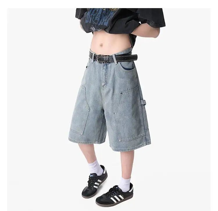 IEFB Workwear Men's Denim Shorts Multi Pocket Wide Leg Baggy Fit Casual Summer Streetwear Casual Cargo Jeans 9X2957