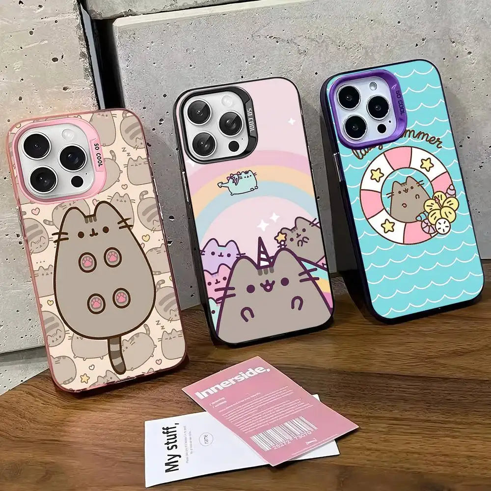 Cartoon P-Pusheens Cat Phone Case For IPhone 17 16 15 14 11 12 13 Pro Max Pro Plus Colored Silver Cover