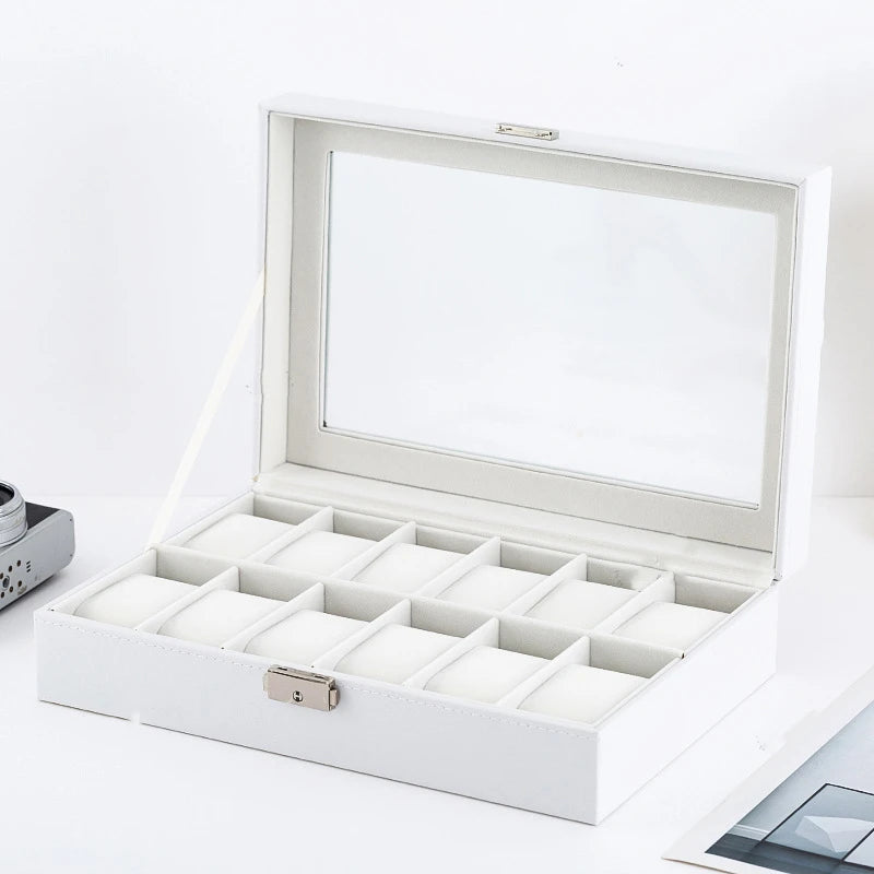 Wood Professional Watch Box Holder Storage Case Organizer White Simple PU Leather Watch Display Box Jewelry Packaging & Display