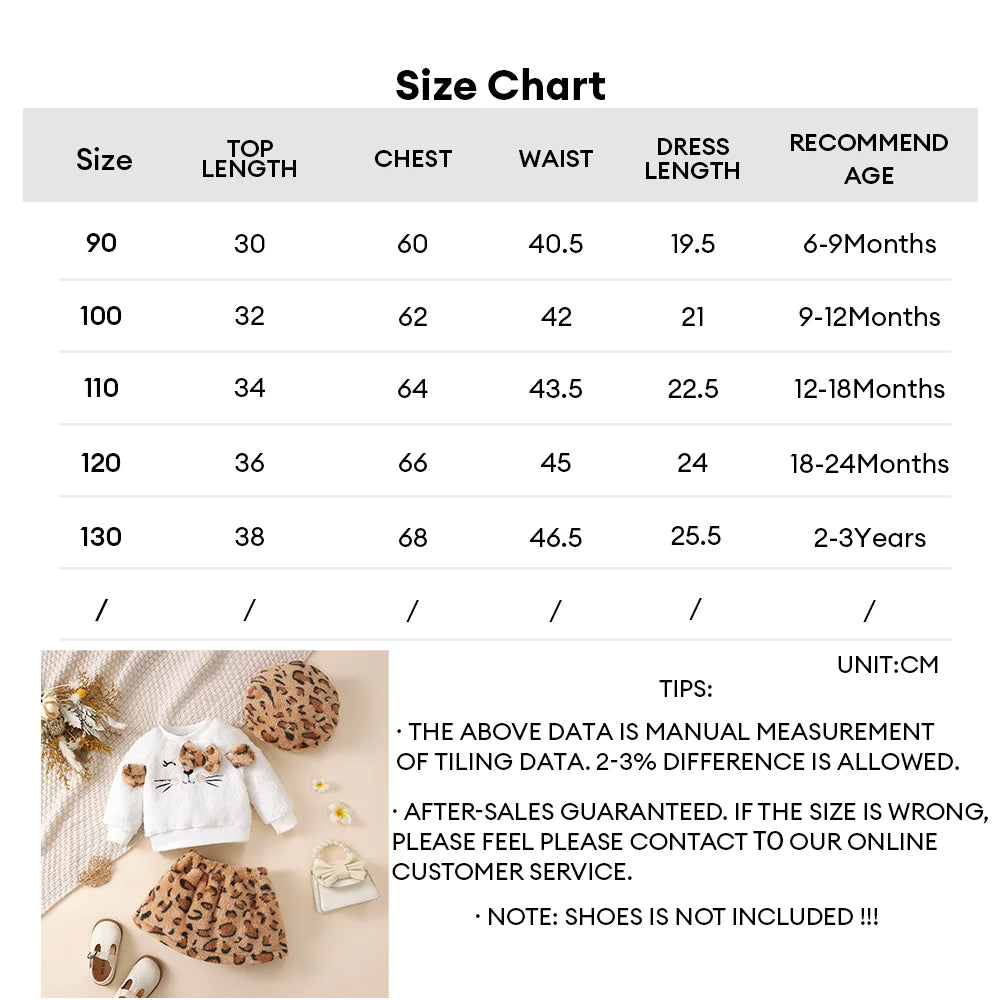 Winter 3PCS Baby Girl Clothes Sets Long Sleeved Plush Cute Top+Leopard Print Skirt+Hat Fashion Outfits for 0-3Years Toddler Girl