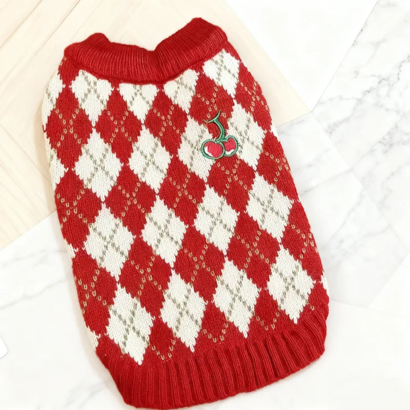 Winter Dog Knit Sweater Soft Dog Clothes Cute Plaid Puppy Sweater Cherry Print Cat Pullovers Pet Warm Turtleneck Poodle Apparel