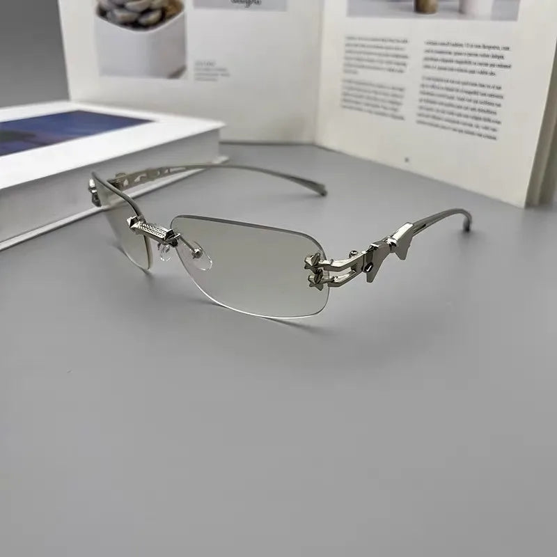 Punk Rimless Square Sunglasses Women Men Metal Bow Frame Luxury Designer Glasses Popular Shade Summer Travel Sun Glasses Eyewear