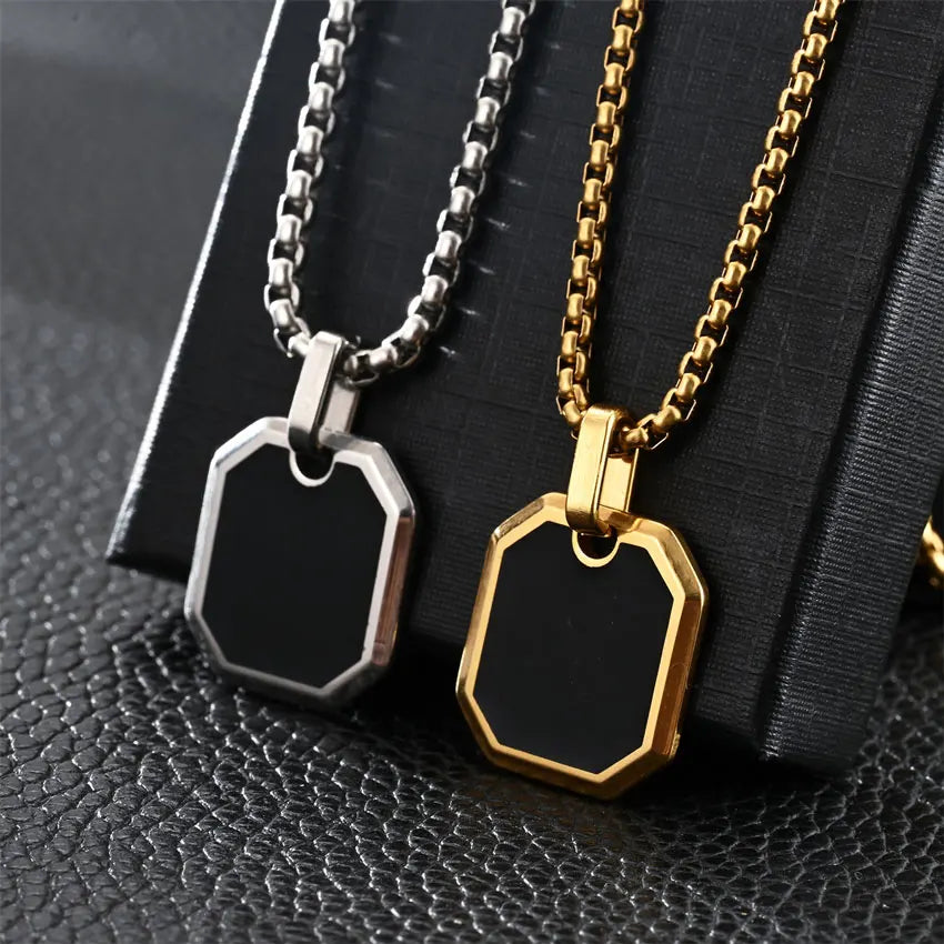 Hiphop Men's Black Onyx Square Pendant Necklace Tarnish Free Stainless Steel Custom Logo Jewelry For Gift