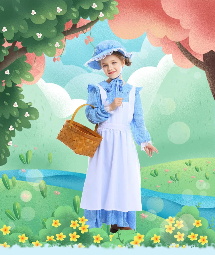 Frocks for Girls Kids Little Red Riding Hood Fairy Tale Drama Performance Costume Maid Suit Floral Pastoral Style Casual Dress