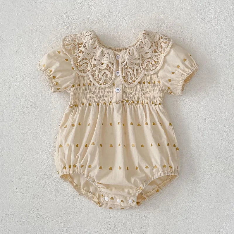 Summer new baby clothes for 0-3 years old, baby and girl big lace lapel love print short-sleeved jumpsuit