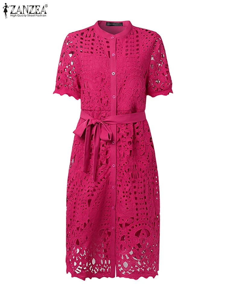 ZANZEA Elegant Lace Sundress Women Vintage Lace-Up Office Dress 2025 Summer Solid Hollow Out Vestidos A-Line CasualRobe Femme