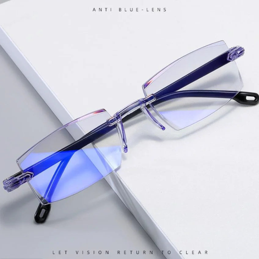 Smart Zoom Reading Glasses for Both Distance and Near Use Blue Light Blocking Eyeglasses Rimless Glasses +1.0(100) ~ +7.0(700)