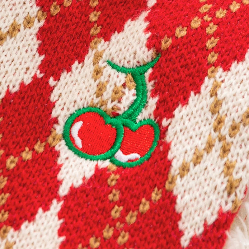 Winter Dog Knit Sweater Soft Dog Clothes Cute Plaid Puppy Sweater Cherry Print Cat Pullovers Pet Warm Turtleneck Poodle Apparel