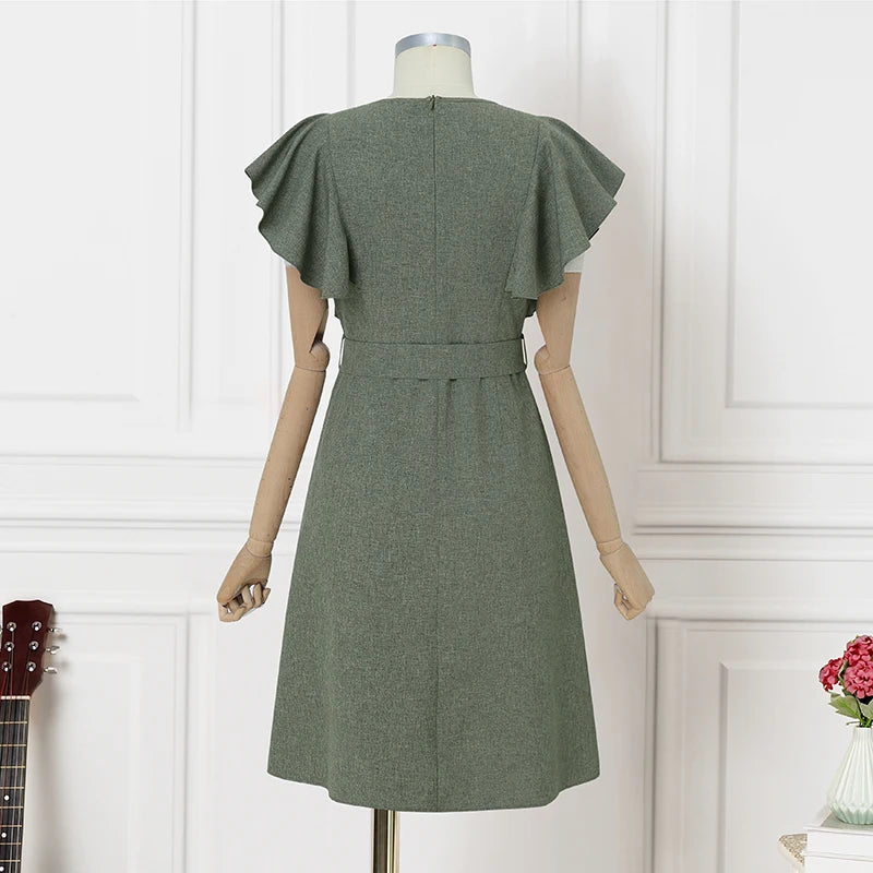 ZANZEA Elegant Women Office Lady Dress Summer Short Sleeve Ruffled Vestidos Casual Solid Color Square Collar Party Midi Sundress