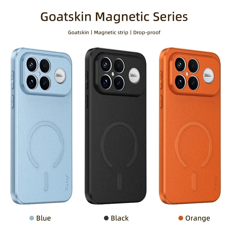 For POCO F8 Ultra Goat Leather TPU Frame Shockproof Case For Redmi K90 Pro Max Built-in Magnetic Strip Lens Protection Shell