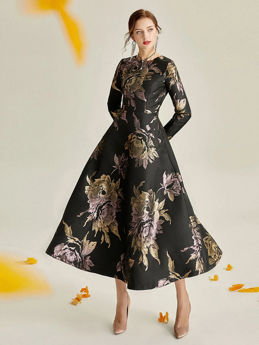 Plus Size Evening Dress - Black and Gold Jacquard Satin Waist-Defining Tummy-Control Long Sleeve Elegant Flared Dress