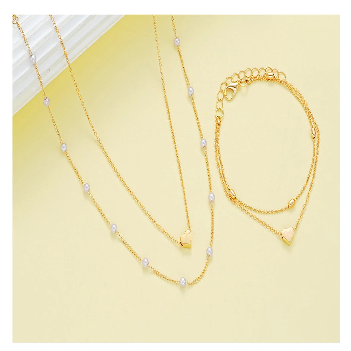Fashion Imitation Pearl Heart Jewelry Set For Women Gold Silver Color Round Beads Necklace Bracelet Set Daily Wear Accessories
