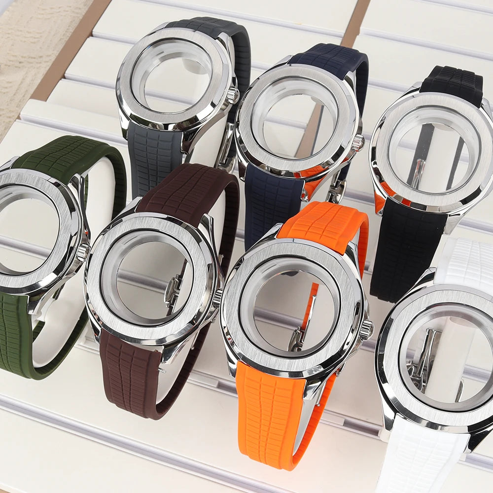 42mm Silver NH35 Watch Case Polished Brushed Black strap SapphireGlass For Nautilus AQUANAUT Cases Part NH35 NH36 NH38 32mm Dial