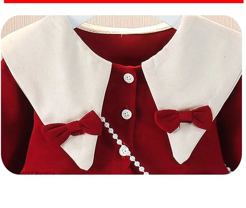 Spring and Autumn Girls' Baby Dress New Children's Fashionable Doll Neck Long Sleeve Dress Red Girls' Princess Dress