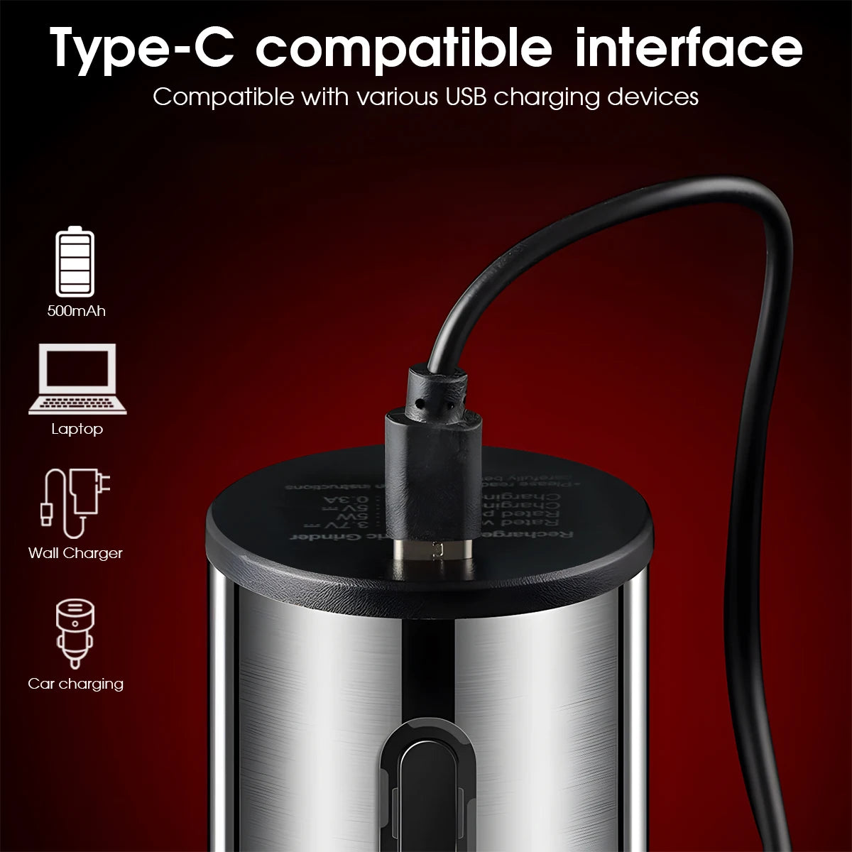 Electric Pepper Grinder 500mAh Battery USB-C Charging 5-Level Adjustable Grind Settings Automatic Spice Grinder for the Kitchen