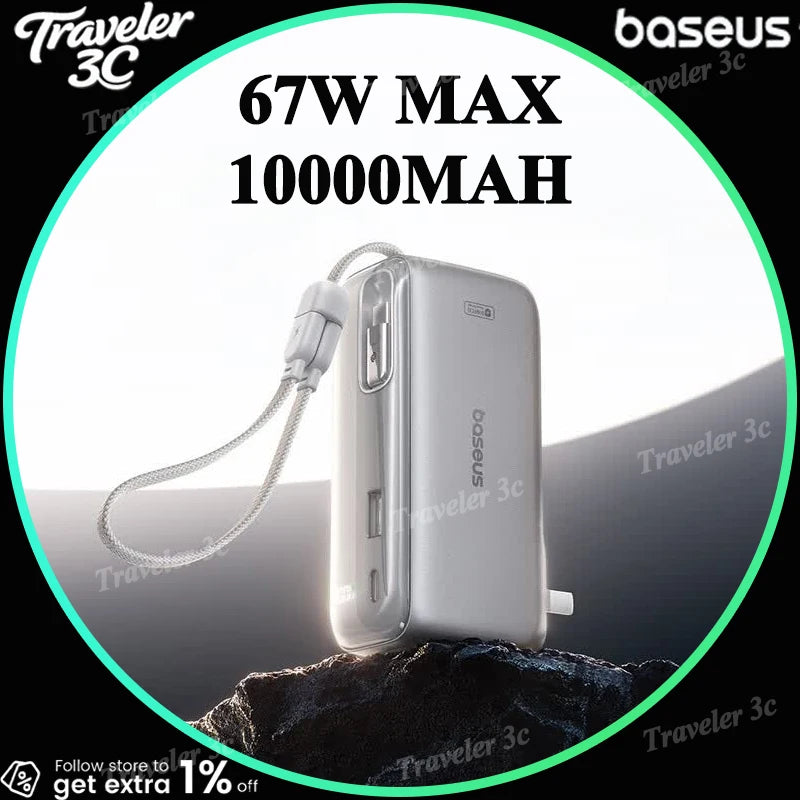 Baseus 67W Pro 3 In 1 Portable Power Bank Retractable Cable Charger 3C Certified Airline Approved For Smartphone 10000mah